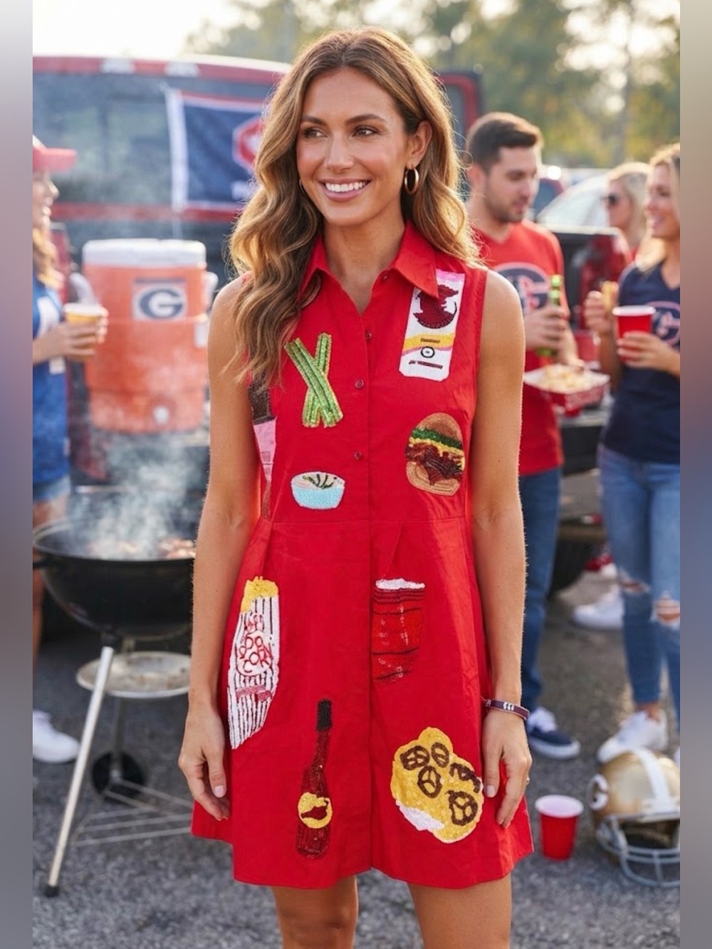 New! RARE! QUEEN OF SPARKLES Red Tailgate Food Icon Dress